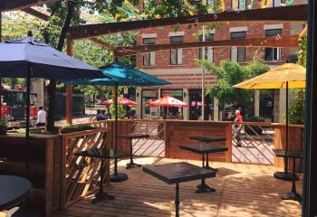 Outdoor patio at Bar Renard in Montreal. Tables with umbrellas. Gay travel advice. Montreal's gay village.