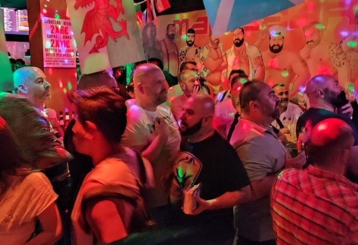 Inside Bears Bar, a gay bar in Madrid. A crowd of diverse gay men under disco lights, with bear themed decor. Gay travel.