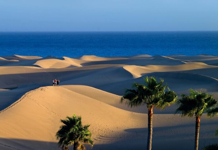 Seaside Palm Beach, Gran Canaria dunes. Gay beach hotel with palm trees, blue sea, and people on the dunes. Gay travel destination.