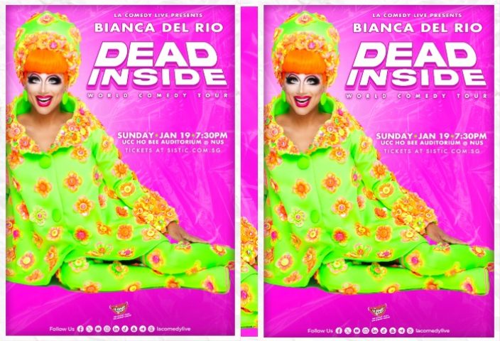 Bianca Del Rio's Dead Inside World Comedy Tour poster. Best gay comedy in Singapore. Drag queen in green floral suit. Gay travel advice.