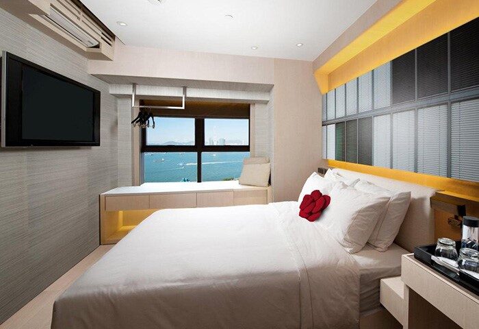Butterfly on Waterfront Hotel, Sheung Wan room. Gay-friendly mid-range hotel with a view of Hong Kong's waterfront. Modern design, comfy bed.