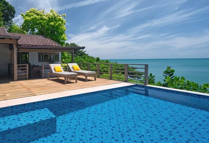 Garrya Tongsai Bay Samui private pool villa. Best gay honeymoon destination in Koh Samui. Deck chairs overlook the ocean view.