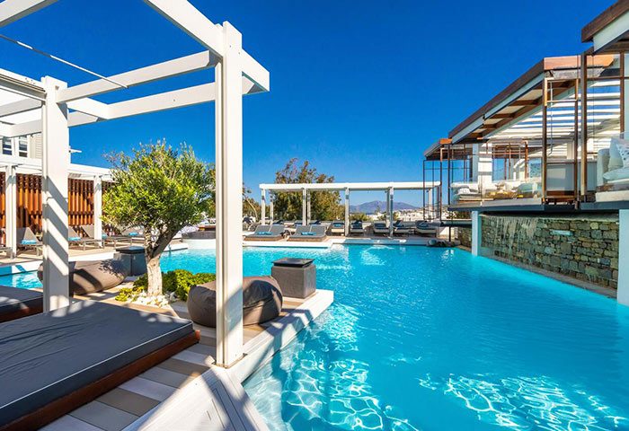 Semeli Hotel Mykonos pool view. Best gay honeymoon standard hotel in Mykonos Town (Chora). Luxury travel for gay men.