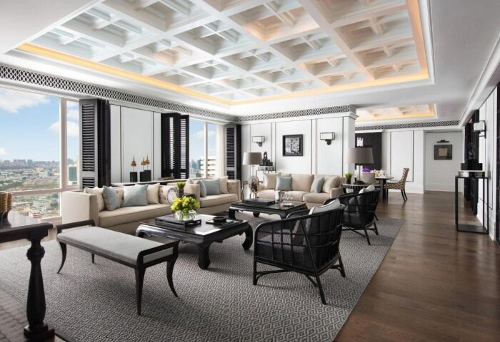 Bangkok Marriott Surawongse Hotel suite living room. Best gay-friendly hotel for group gay travelers. Luxury travel in Bangkok, Thailand.