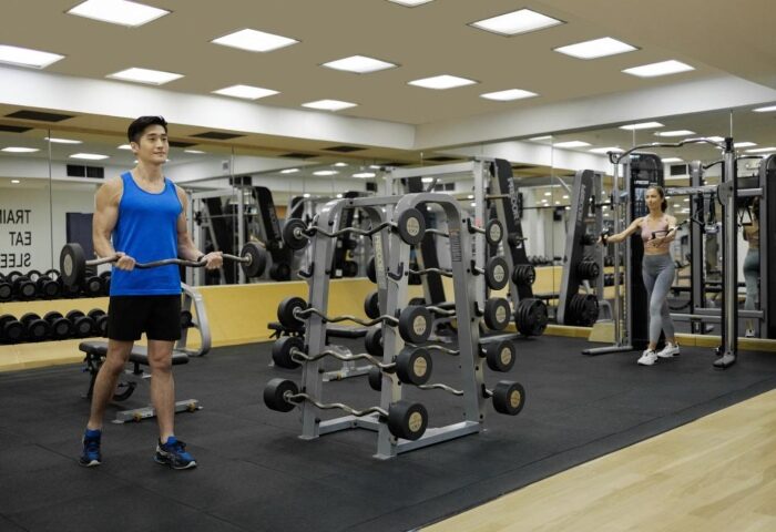 Gym at voco Orchard Singapore, an IHG Hotel. Gay wellness luxury hotel. Man lifting weights, woman on machine. Best gym in Singapore.