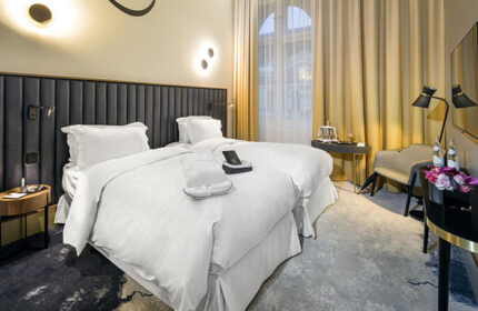 Hotel Century Old Town Prague MGallery room. Best honeymoon gay hotels Prague update. Twin beds, modern decor, luxury gay travel.