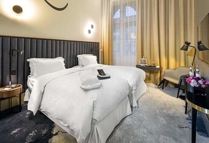 Hotel Century Old Town Prague MGallery room. Best honeymoon gay hotels Prague update. Twin beds, modern decor, luxury gay travel.