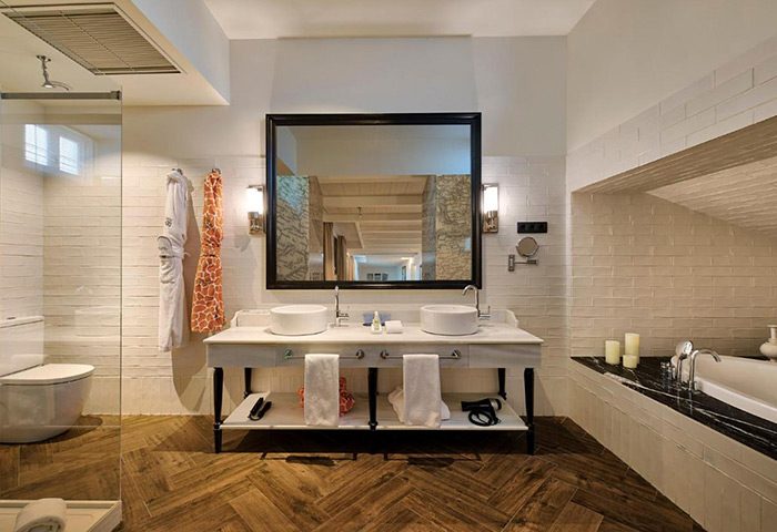 Bathroom at Only YOU Boutique Hotel Madrid, perfect honeymoon hotel idea for gay couples in Madrid's Chueca gayborhood. Double sinks, tub.