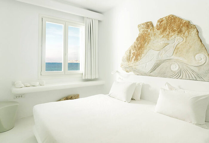 Mykonos Bay Resort & Villas honeymoon suite. Beachfront room with sea view. Best hotel idea for gay couples in Mykonos Town.