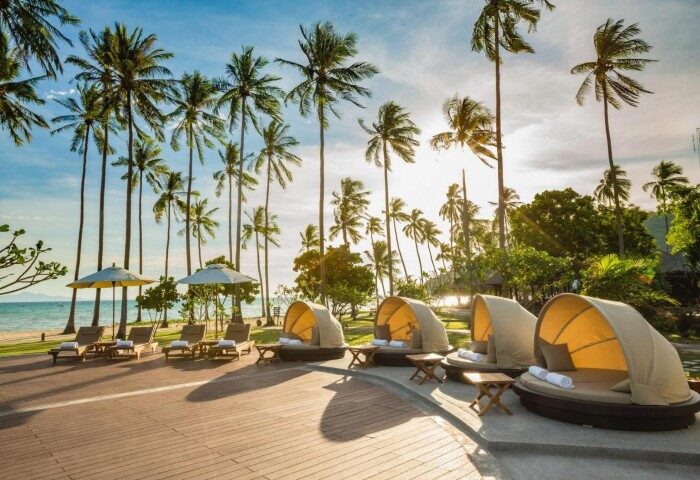 SAii Phi Phi Island Village beachfront resort. Palm trees, sunbeds, and cabanas offer a relaxing gay holiday experience.