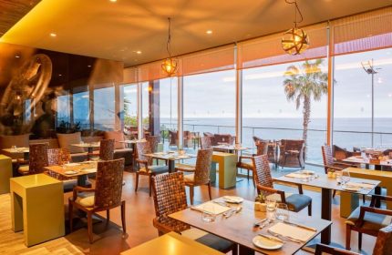 Saccharum Hotel Madeira restaurant interior. Beach spa resort, gay-friendly hotel, ocean view, tables, chairs, and palm tree. Portugal.