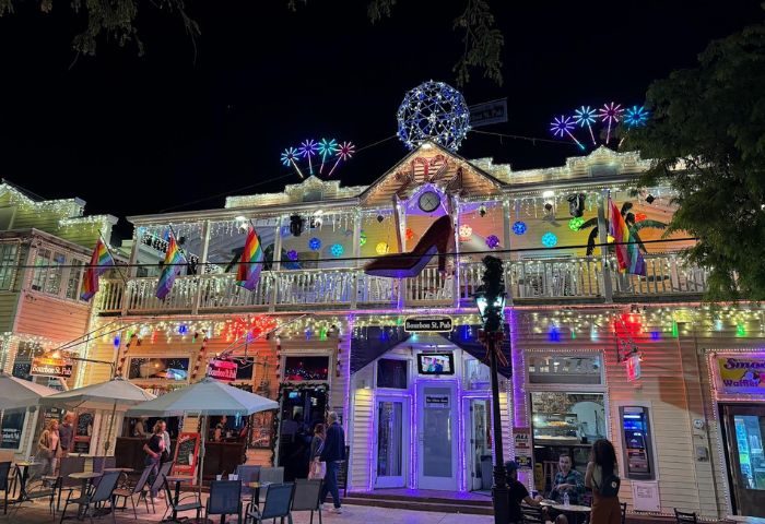 Bourbon St. Pub, Key West's gay bar with live music. Rainbow flags, lights, & a giant shoe decorate the building. Nightlife scene.
