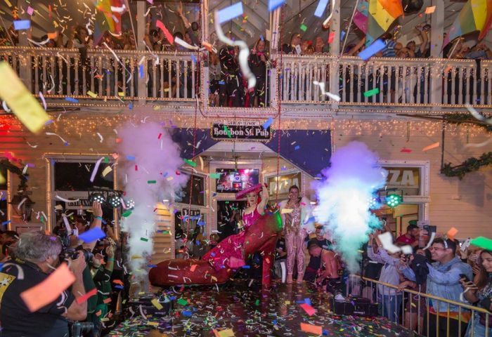 Key West's Bourbon St. Pub: Gay bar with live music, drag queens, and confetti. A vibrant scene for gay men's travel adventures.