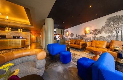 Boutique Hotel Albus Amsterdam Centre lobby. Stylish interior, gay-friendly hotel. Lounge area with blue velvet seating, leather sofas, and reception desk.