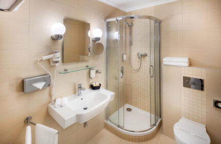 Bathroom at Boutique Hotel Seven Days, Prague. Popular gay hotel in Vinohrady, featuring a shower, sink, and toilet. Clean design.