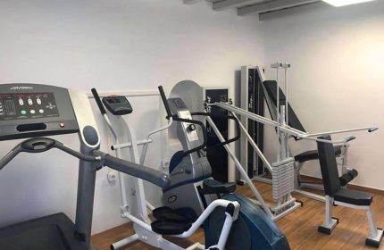 Elena Hotel gym in Mykonos Town. Budget gay hotel with gym equipment including treadmill, elliptical, and weight machine.