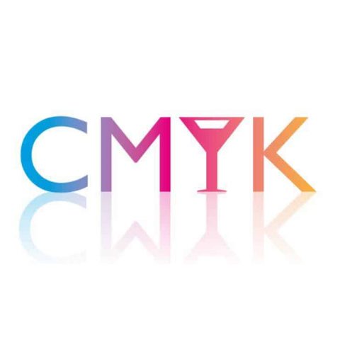 CMYK Bar Wimbledon logo. Colorful CMYK letters with a martini glass for Y. Gay bar, LGBTQ+ friendly travel destination.