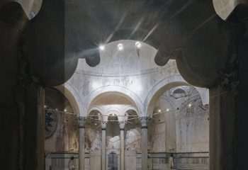 Interior of Cagaloglu Hamam, Istanbul. Arches and columns define the space. Turkish bath architecture, a gay travel destination.