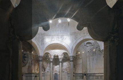 Interior of Cagaloglu Hamam, Istanbul. Arches and columns define the space. Turkish bath architecture, a gay travel destination.