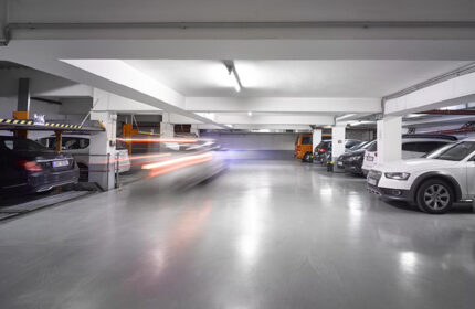 K+K Hotel Fenix car park in Prague's Old Town. Cheap city center hotel with parking for gay travelers. Car driving into the garage.