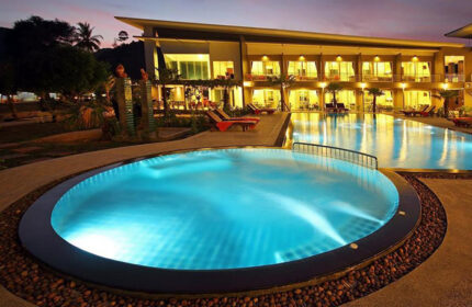 Gypsy Sea View Resort pool at dusk, Koh Phi Phi. Cheap gay hotel with walk to party beach. Ideal for gay travel.
