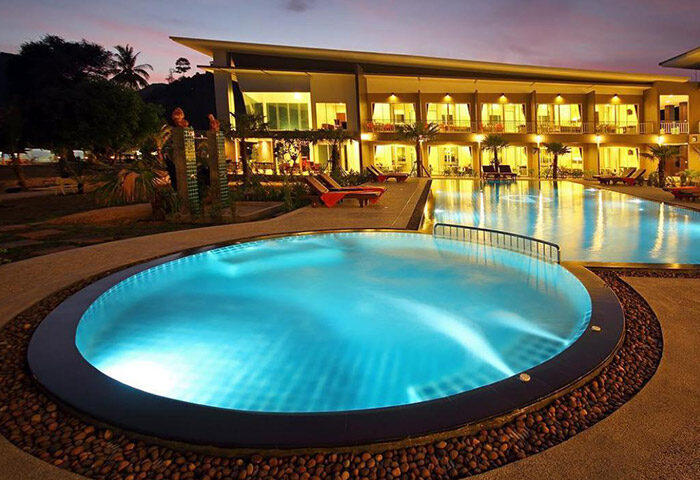 Gypsy Sea View Resort pool at dusk, Koh Phi Phi. Cheap gay hotel with walk to party beach. Ideal for gay travel.