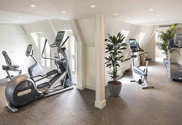 Hotel Napoleon's fitness center in Paris. A cheap gay hotel in Paris city center with gym equipment, plants, and natural light.