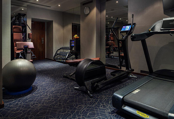 Hotel Kings Court gym in Prague Old Town. Treadmill, elliptical, weights, and exercise ball. A gay-friendly hotel with fitness center.