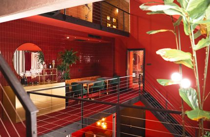 Stories Hotel Budapest: Interior view of a cheap hotel with big rooms for 6 people. Red decor, plants, and stylish design. Gay-friendly.