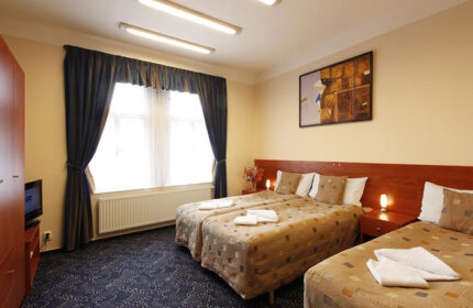 Cheap hotels for three gay men in Prague's Vinohrady gayborhood. Room with twin beds, blue curtains, and patterned carpet. Comfortable stay.