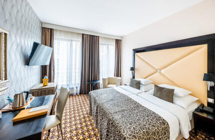 Grandior Hotel Prague room. Cheap luxury gay hotel in Prague Old Town with gym. Modern design, double bed, desk, chair, TV, and patterned carpet.