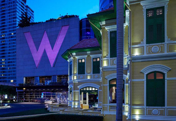 W Bangkok hotel exterior at night. A cheap, luxury hotel near gay bars in Bangkok. Gay travel advice.