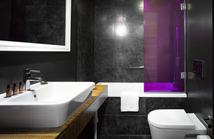The Icon Hotel and Lounge bathroom. Cheap luxury gay hotel in Prague Old Town. Dark tile, modern sink, and purple-lit shower.