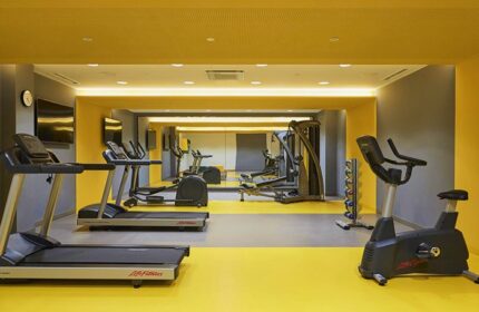 Hotel Indigo Berlin East Side Gallery gym. Treadmills, stationary bike, weights. A cheap, most booked city hotel for gay men.