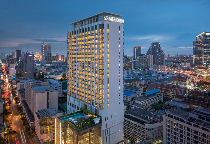 Le Méridien Bangkok hotel at night. City center view. A cheap gay-friendly hotel in Bangkok this year with a pool.