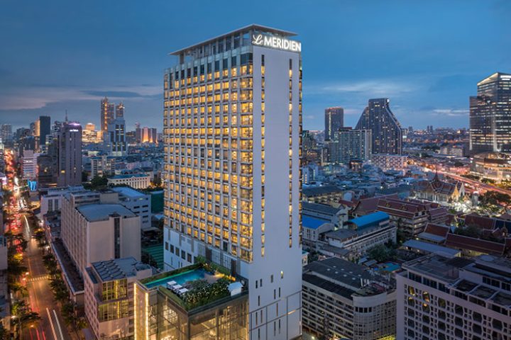 Le Méridien Bangkok hotel at night. City center view. A cheap gay-friendly hotel in Bangkok this year with a pool.