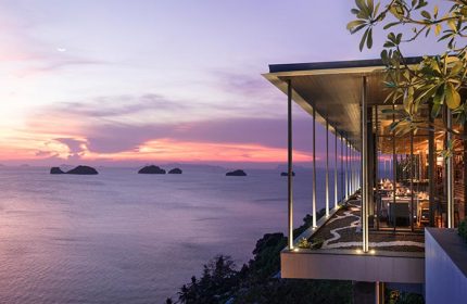 Conrad Koh Samui luxury hotel restaurant at sunset. Island views. Gay travel advice for romantic dining. Thailand vacation.