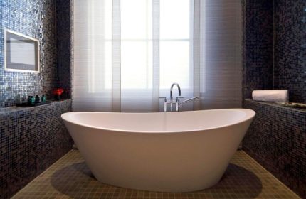 Coolest bathtub at Sofitel Legend The Grand Amsterdam, a gay-friendly hotel on a canal. Modern design, mosaic tiles, window view. Relaxing!
