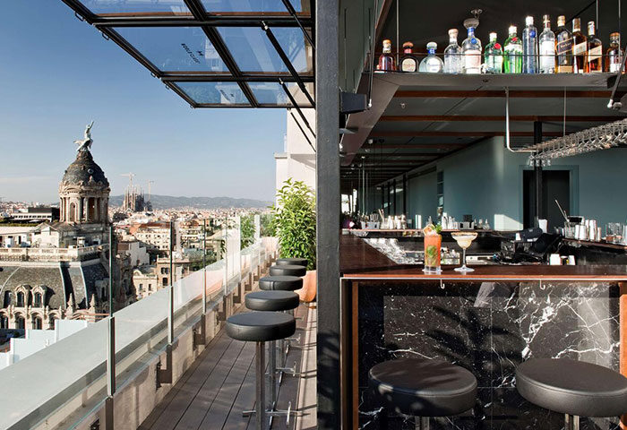NH Collection Barcelona Gran Hotel Calderon rooftop bar and pool. Coolest gay hotel in Barcelona. City view with cocktails.