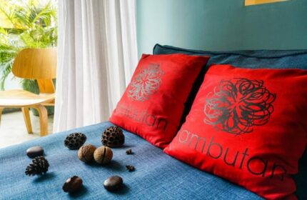 Rambutan Resort Phnom Penh detail. Red pillows with the resort's logo on a blue couch. Gay travel in Phnom Penh, Cambodia.