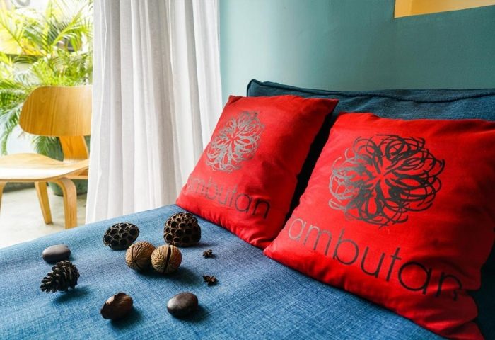 Rambutan Resort Phnom Penh detail. Red pillows with the resort's logo on a blue couch. Gay travel in Phnom Penh, Cambodia.