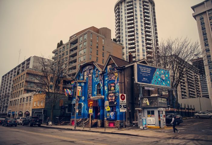 Crews & Tangos gay bar in Toronto. The colorful building is a popular drag venue. A must-see for gay travelers in Canada's largest city.