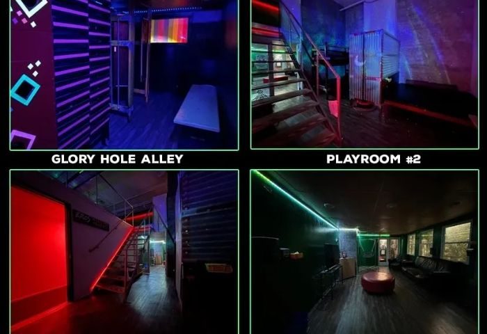 Gay cruising in San Francisco: EROS club interior. Glory hole alley, playrooms, stairs, and lounge area with sofas and neon lights.
