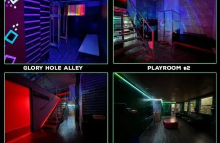 Gay cruising in San Francisco: EROS club interior. Glory hole alley, playrooms, stairs, and lounge area with sofas and neon lights.