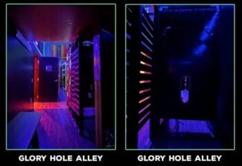 Gay cruising in San Francisco: EROS bathhouse glory hole alley. Dark corridor with cubicles for anonymous sex. Gay travel advice.
