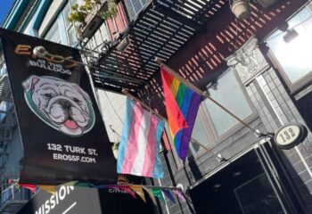 Eros at the Bulldog in San Francisco. Gay cruising spot with a bulldog logo, rainbow and trans flags. Gay travel advice for San Francisco.