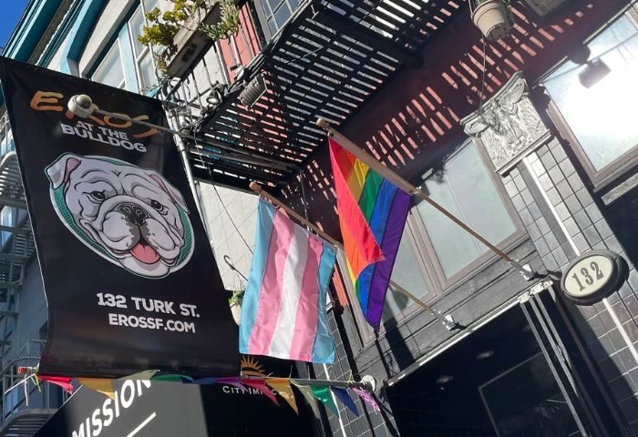 Eros at the Bulldog in San Francisco. Gay cruising spot with a bulldog logo, rainbow and trans flags. Gay travel advice for San Francisco.
