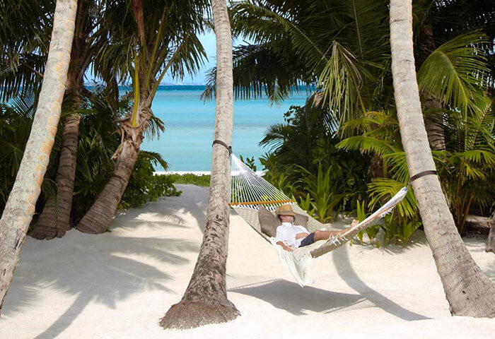 Shangri-La's Villingili Resort & Spa, Maldives: Gay man relaxing in a hammock between palm trees on a white sand beach. Turquoise ocean view.
