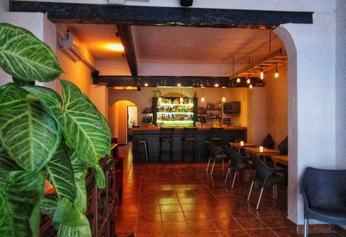 Elixir Mixology Bar in Puerto Vallarta. Interior view of the gay bar, showing the bar, tables, chairs, and decor. Gay party and drag venue.