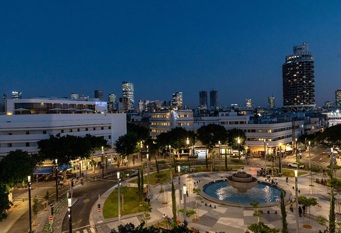 Night view of Tel Aviv city center from Cinema Hotel, an Atlas Boutique Hotel. Gay-friendly hotel with cheap rates. Fountain in the square.